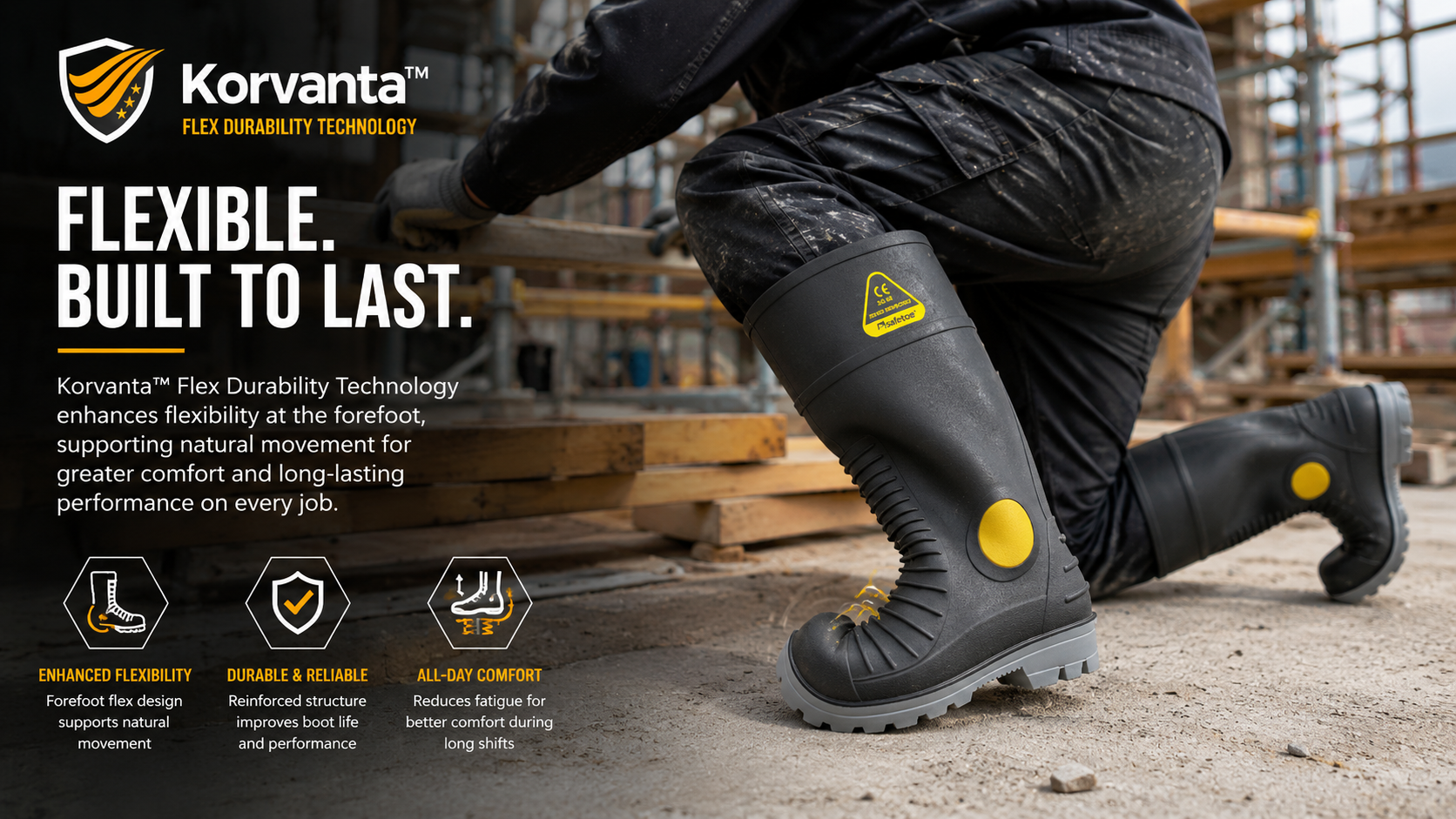 Construction worker wearing flexible Wellington boots with Korvanta flex durability technology