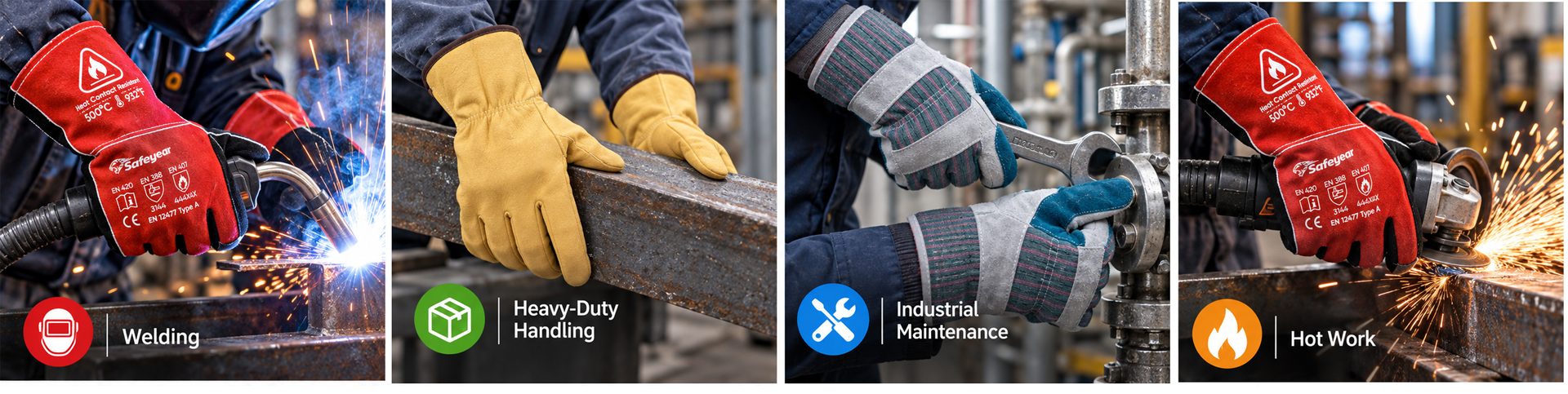 Leather work gloves for welding, hot work, heavy-duty handling and industrial maintenance