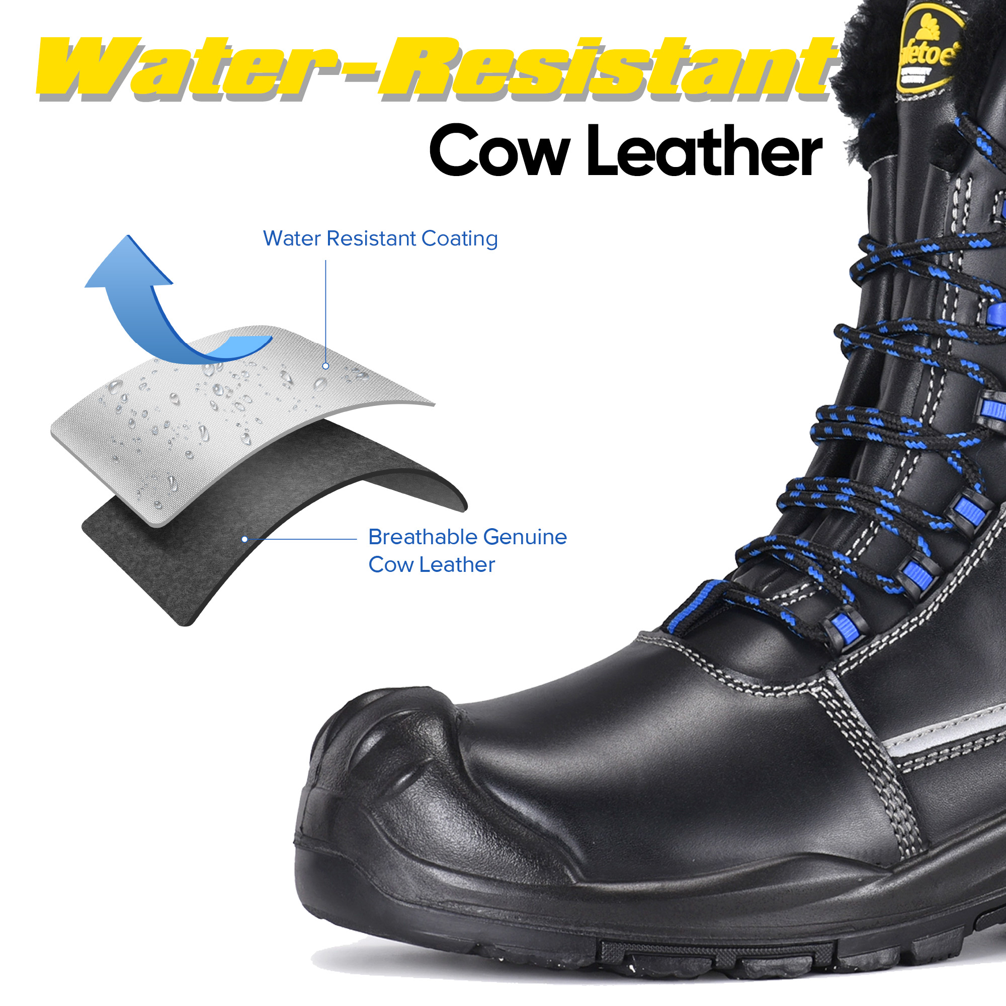 Winter safety boot with water-resistant genuine cow leather upper and breathable protective coating