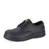 Black leather engineer safety work shoes with low-cut lace-up design and durable work outsole