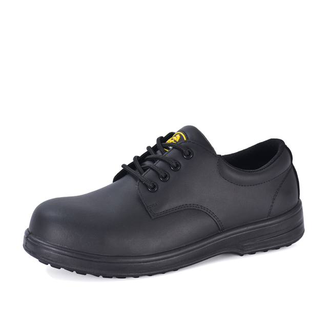Black leather engineer safety work shoes with low-cut lace-up design and durable work outsole