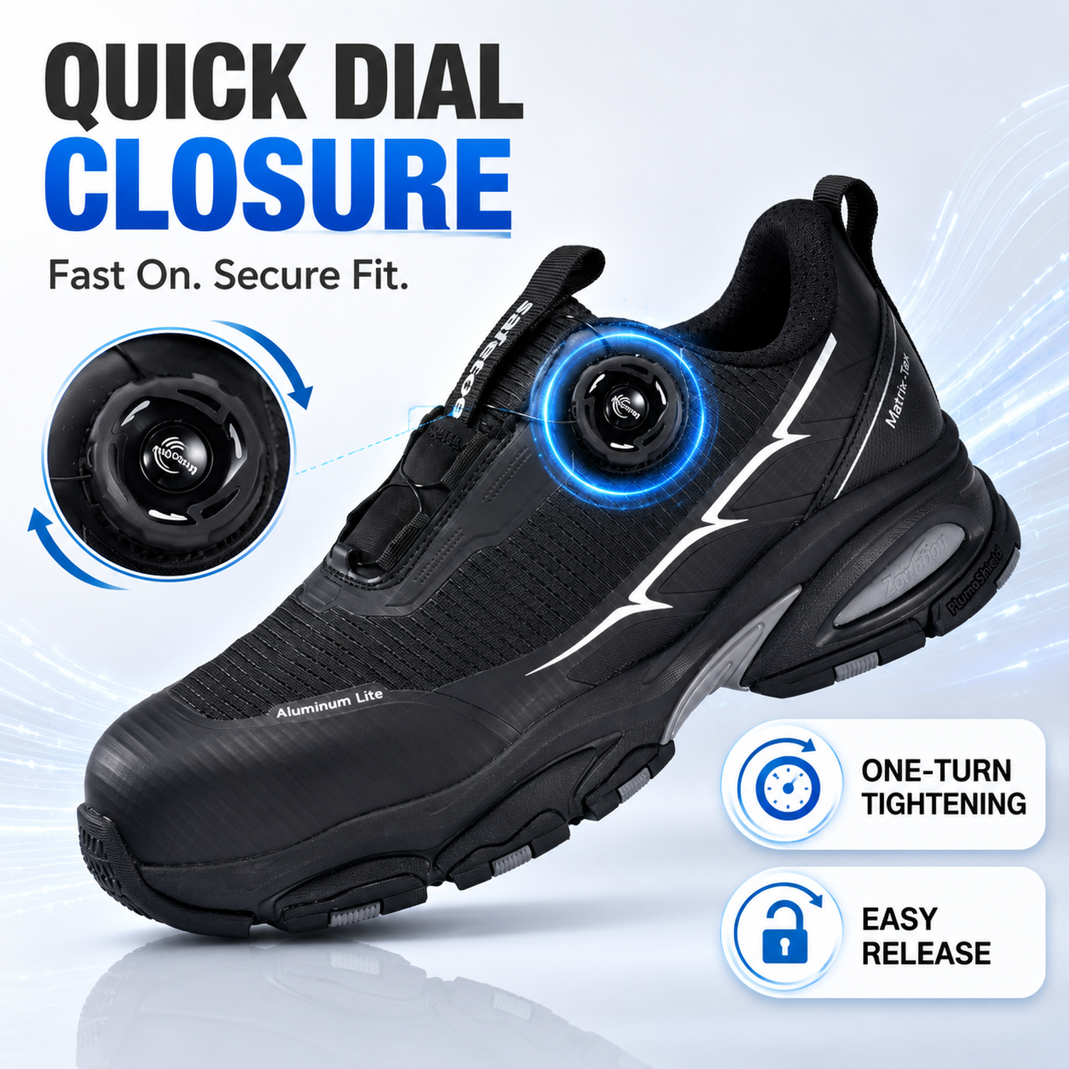 QuickDial™ closure system on L-7601 black safety shoes for fast fit adjustment