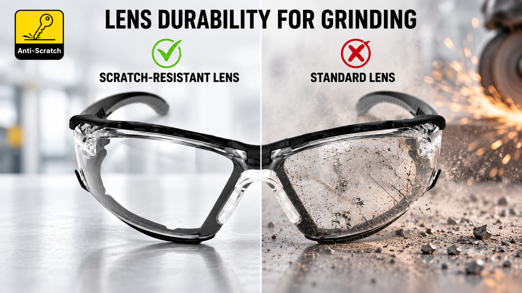 Scratch resistant safety glasses for grinding and abrasive industrial work