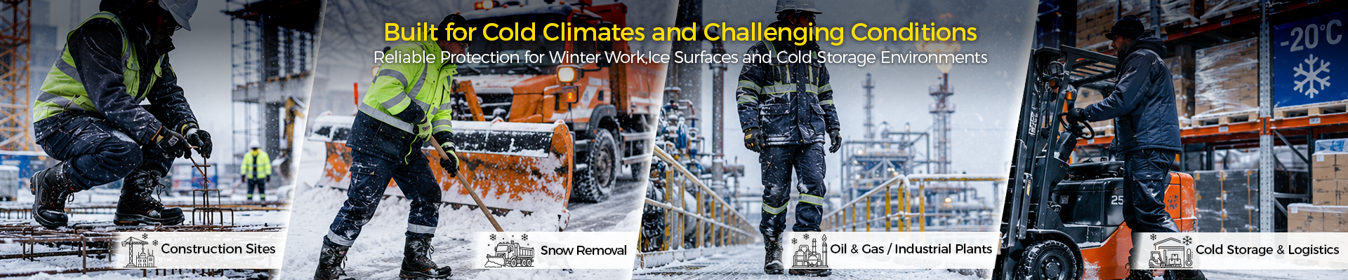 Winter safety boots for cold weather work, featuring workers in extreme winter, mining, cold storage and logistics environments