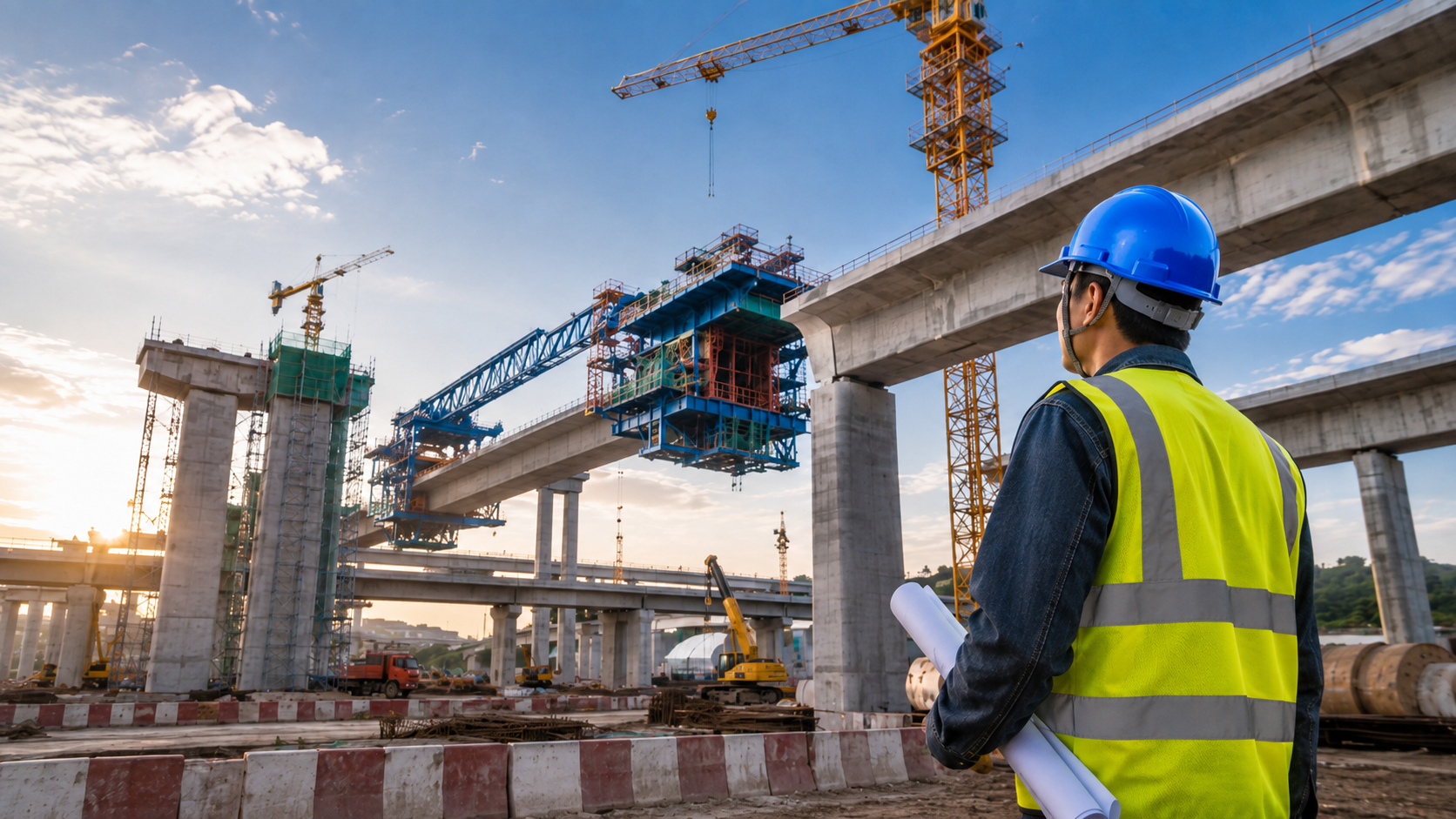 Engineer wearing a blue construction safety helmet at a large infrastructure bridge project