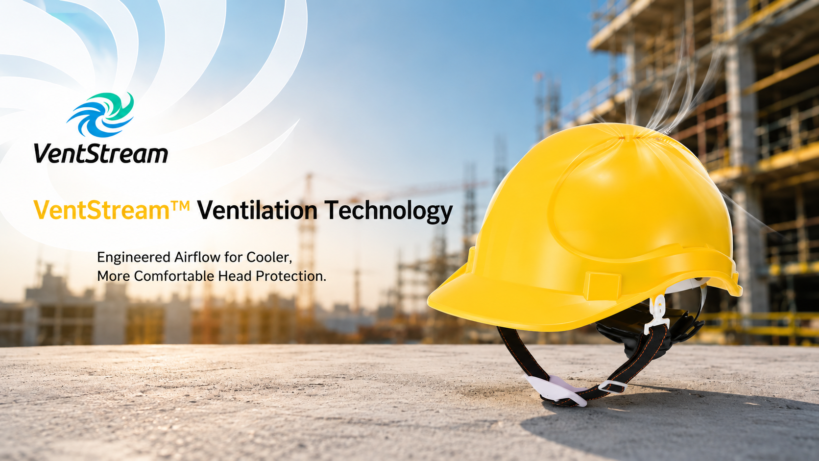 Yellow construction safety helmet featuring VentStream ventilation technology for cooler and more comfortable head protection