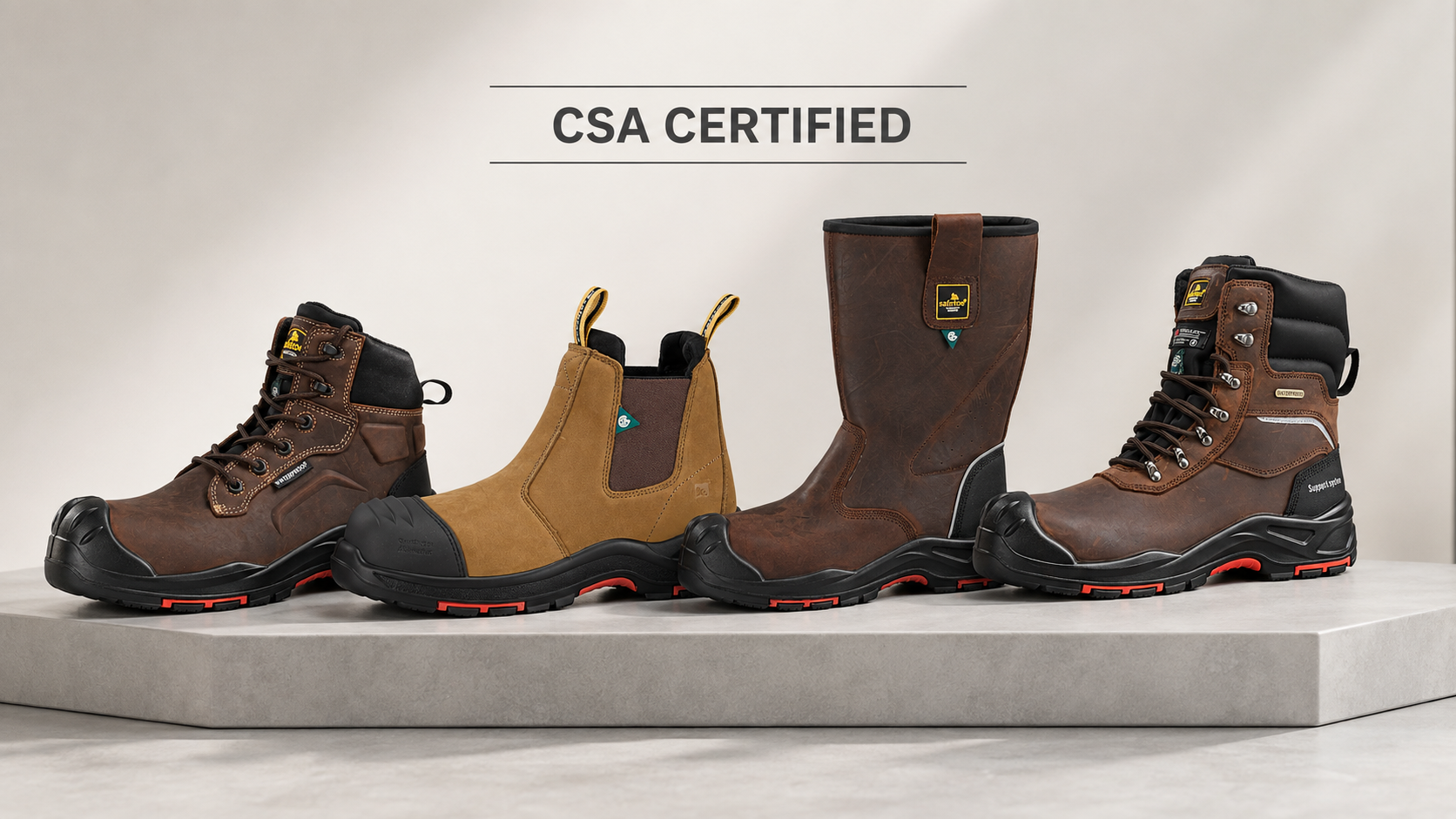 Four CSA certified safety boots including lace-up, Chelsea and pull-on styles for Canadian worksites