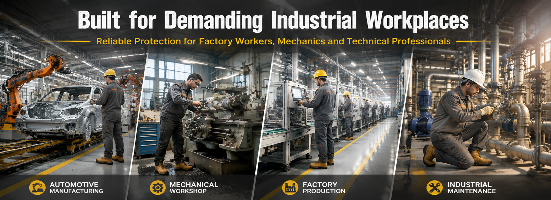 Manufacturing safety footwear solutions featuring Safetoe work boots for factory workers, mechanics and industrial professionals in automotive, production and maintenance environments