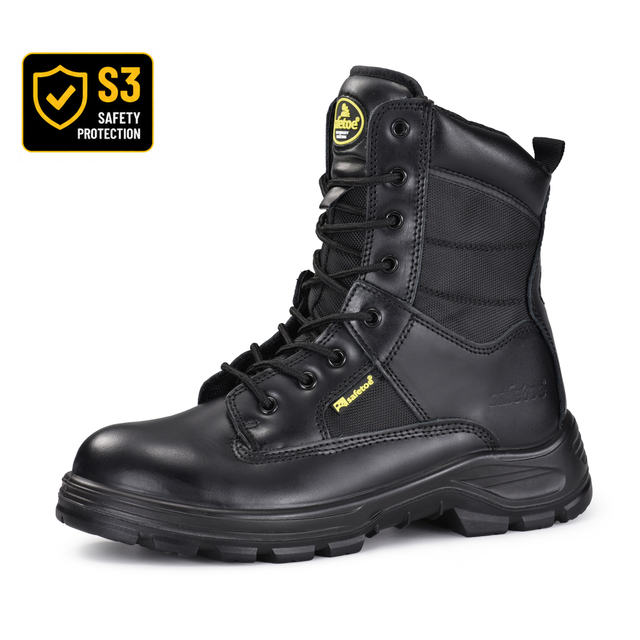 H-9438 tactical style S3 safety boots with leather upper, steel toe, steel plate and side zipper design