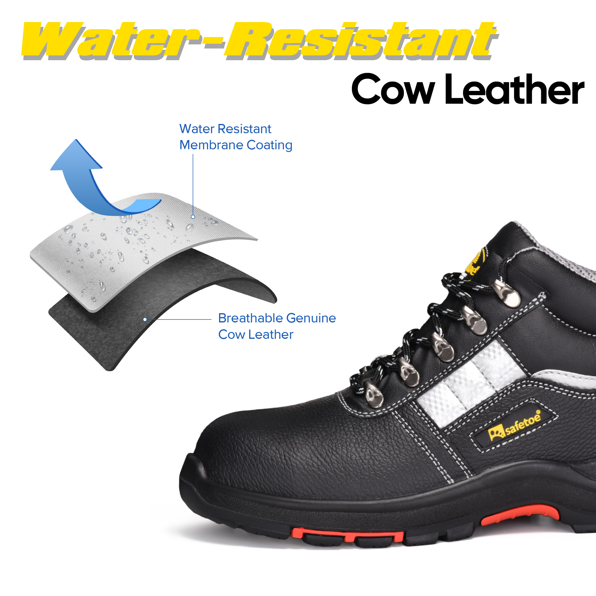 Premium Black Leather Industrial Safety Work Shoes M-8027PRST