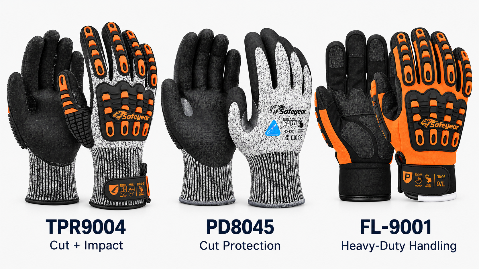 Safeyear TPR9004 PD8045 and FL-9001 mining work gloves for impact cut and heavy-duty handling