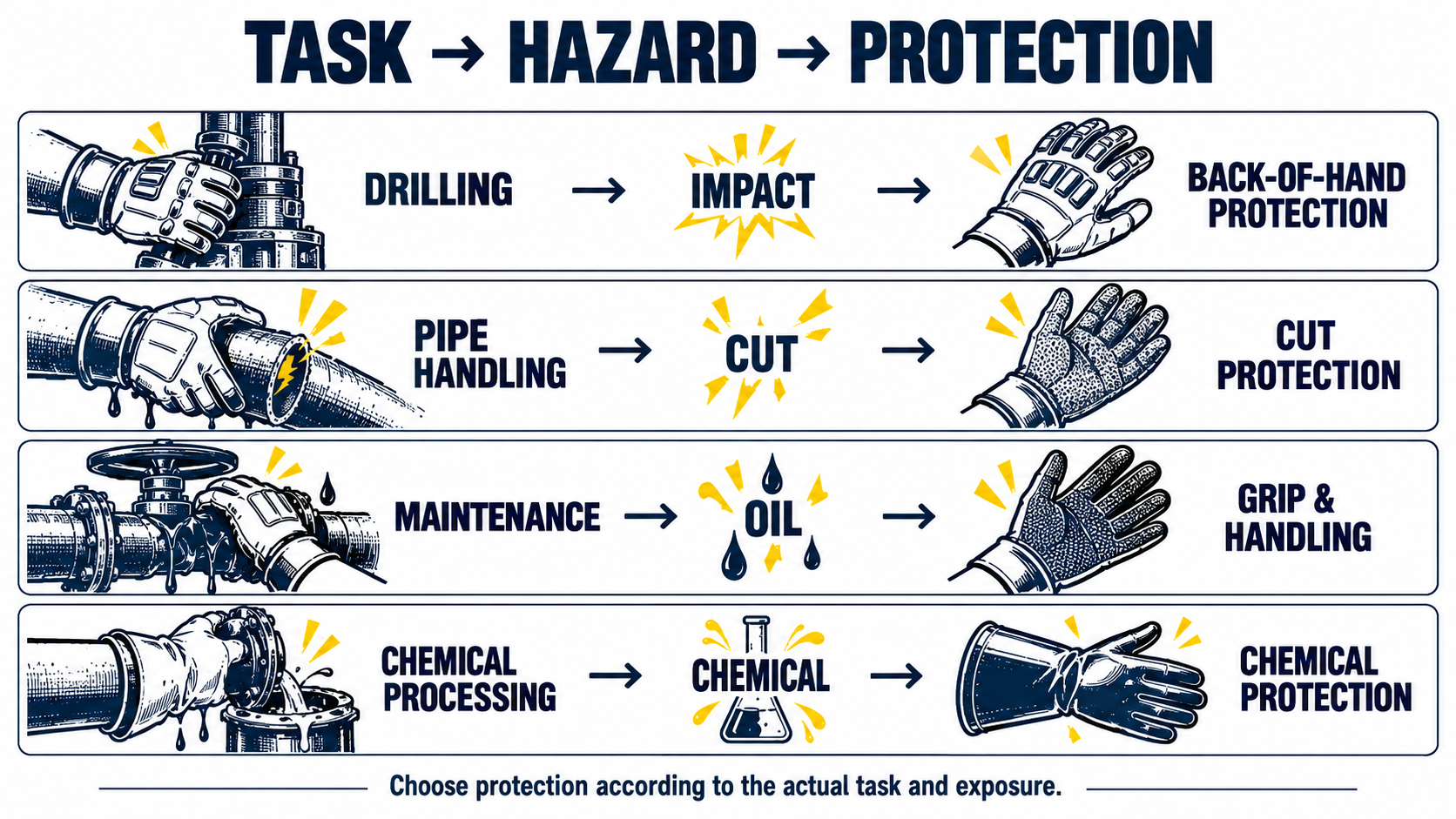 Oil and gas glove selection by task hazard and required hand protection