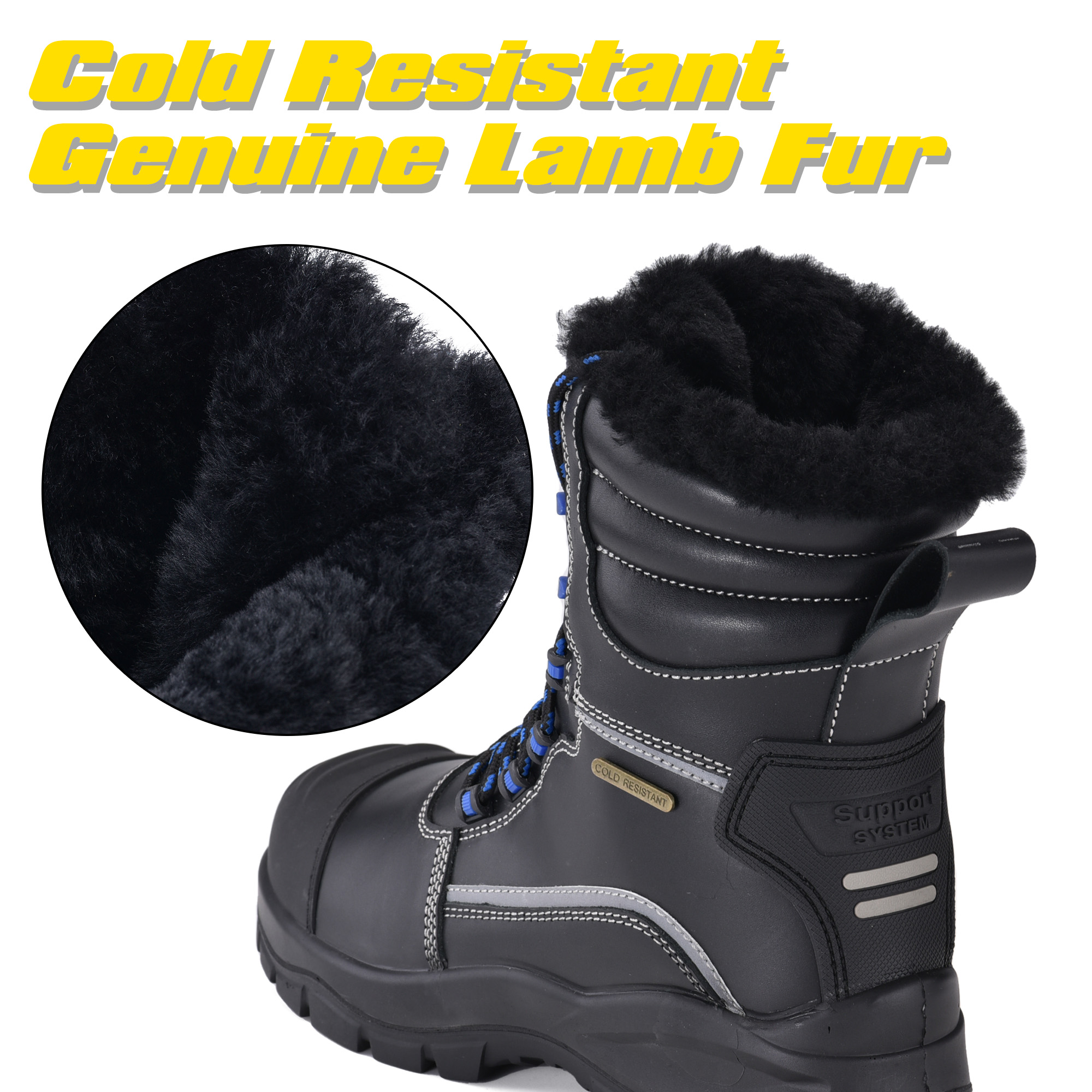 Winter safety boot with warm genuine lamb fur lining for cold weather insulation and thermal comfort