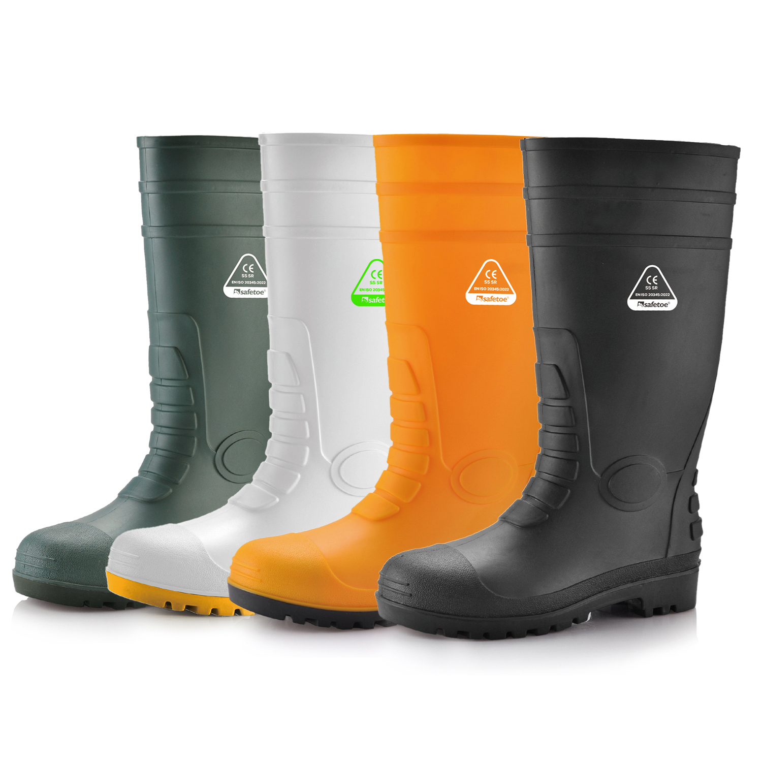 Safetoe W-6038 S5 safety wellington boots available in black yellow green and white