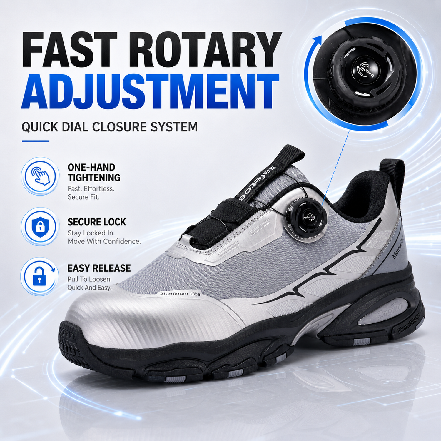 QuickDial fast rotary adjustment system on L-7601 safety shoes