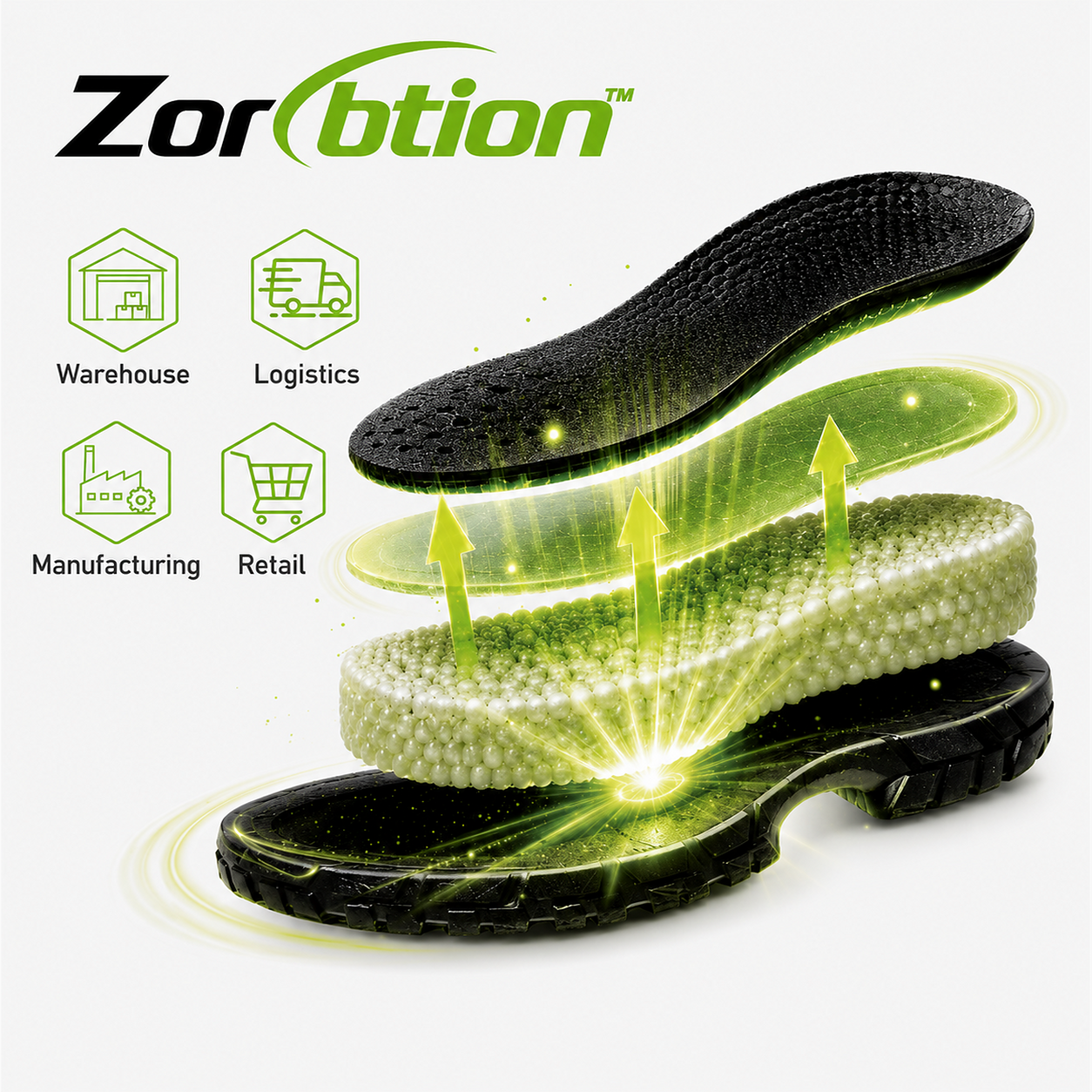 Zorbtion™ heel cushioning system providing shock absorption for safety shoes