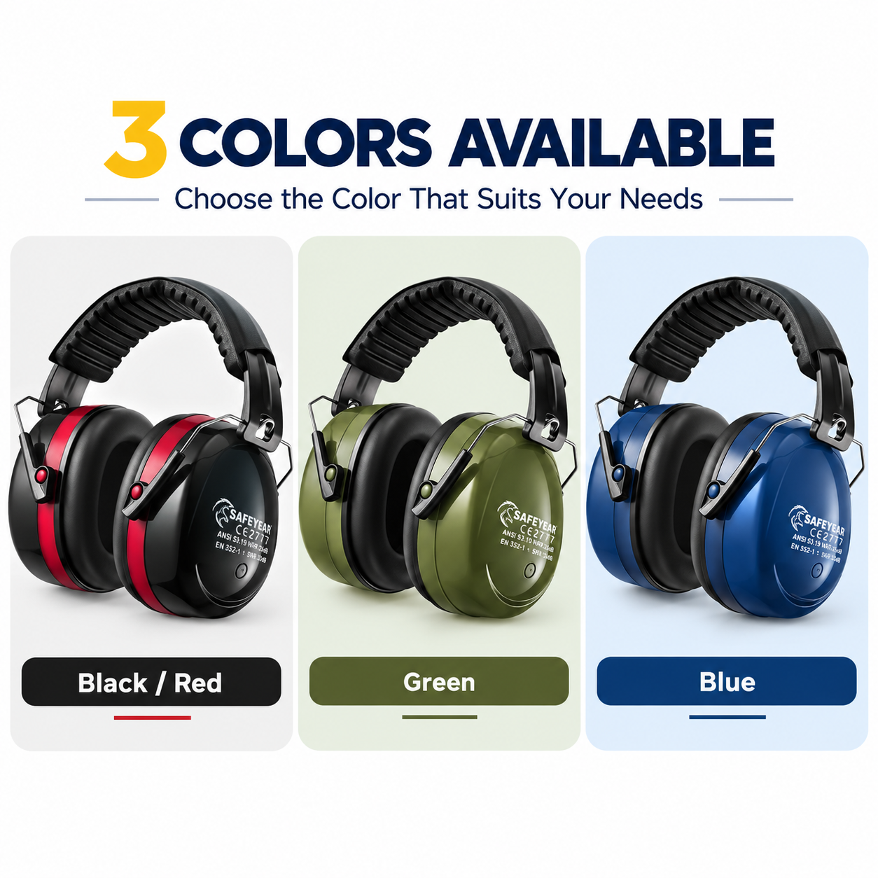 EM-5002 safety earmuffs in black red, green and blue color options