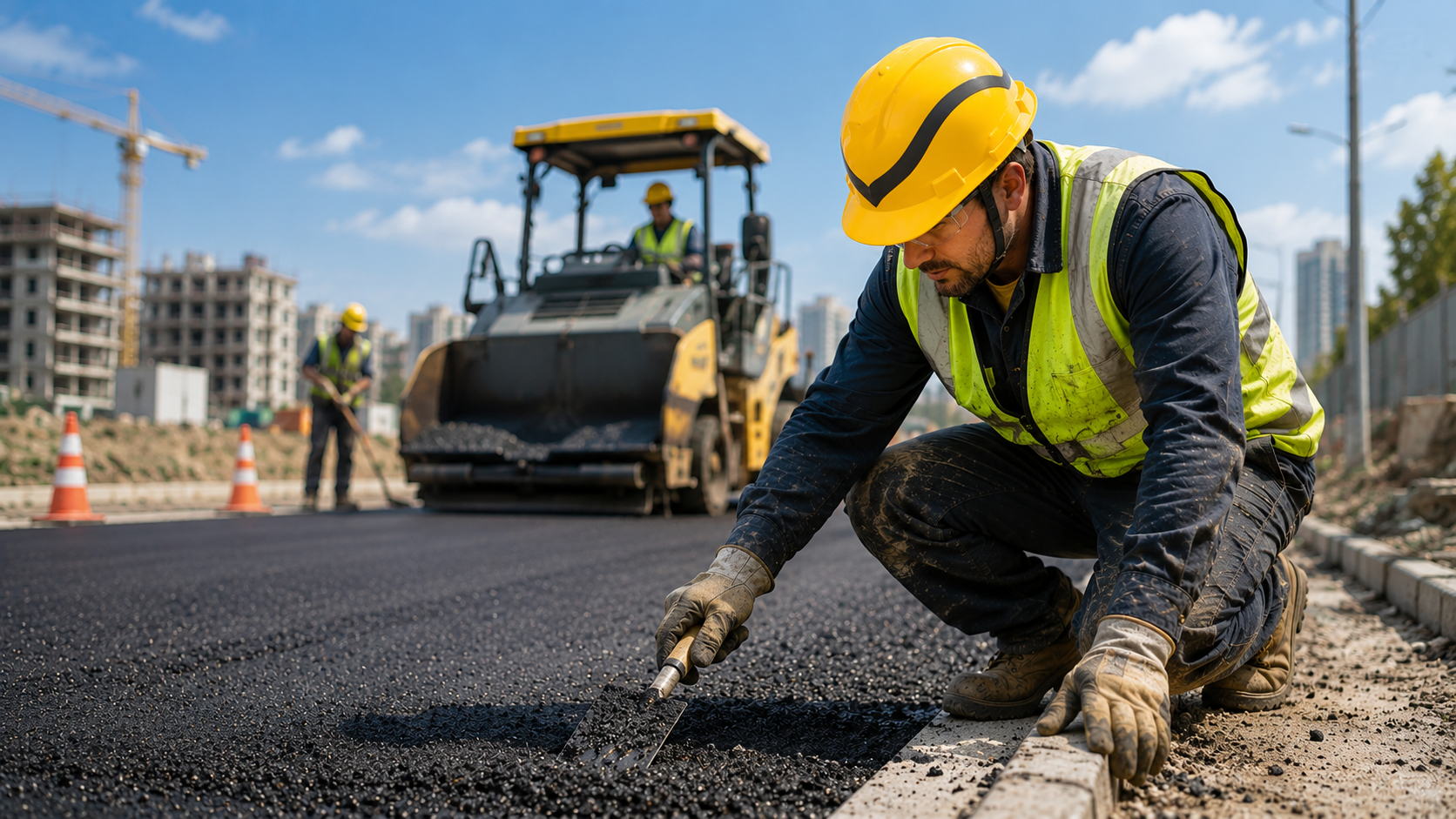 Road construction worker wearing a yellow safety helmet while working on asphalt paving