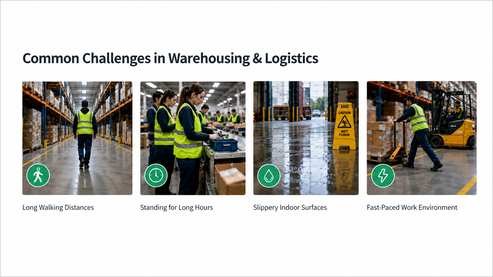 Common warehousing and logistics challenges including long walking, prolonged standing, slippery floors and fast-paced work