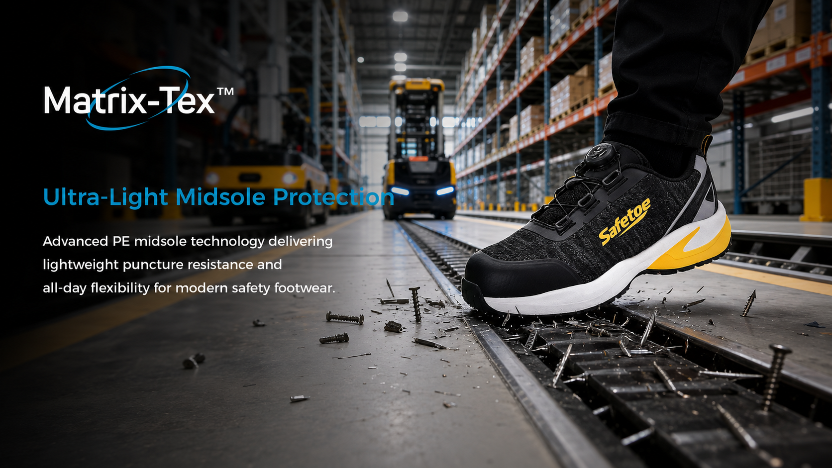 Black safety shoe with Matrix-Tex lightweight puncture-resistant midsole in a warehouse environment