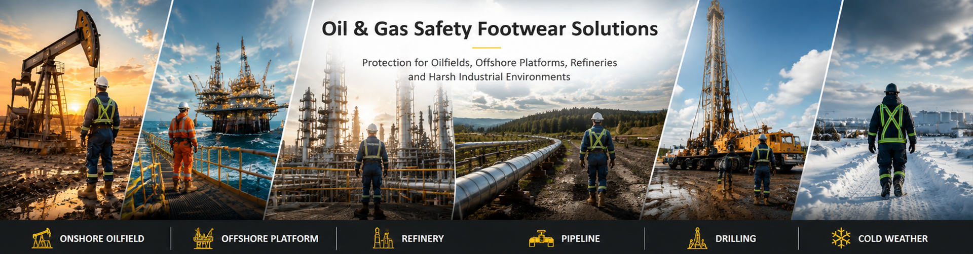 Oil and gas safety boots for workers in oilfields, offshore platforms, refineries and pipeline operations