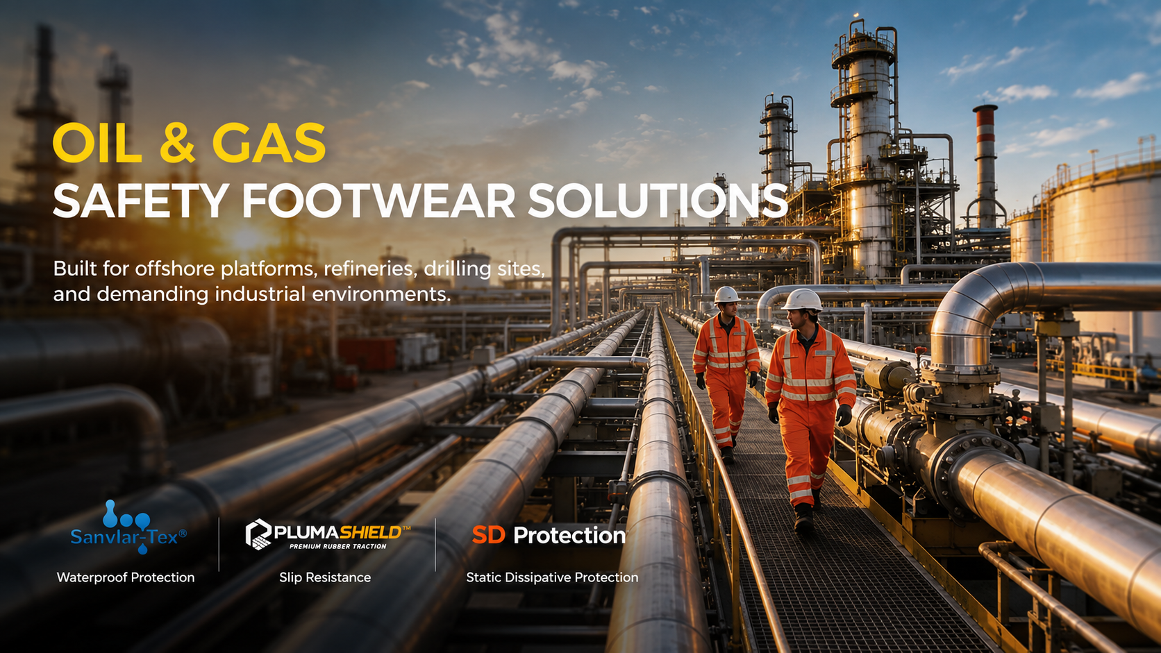 Oil and gas safety footwear solutions with waterproof, slip-resistant and static-dissipative protection for refineries and offshore platforms