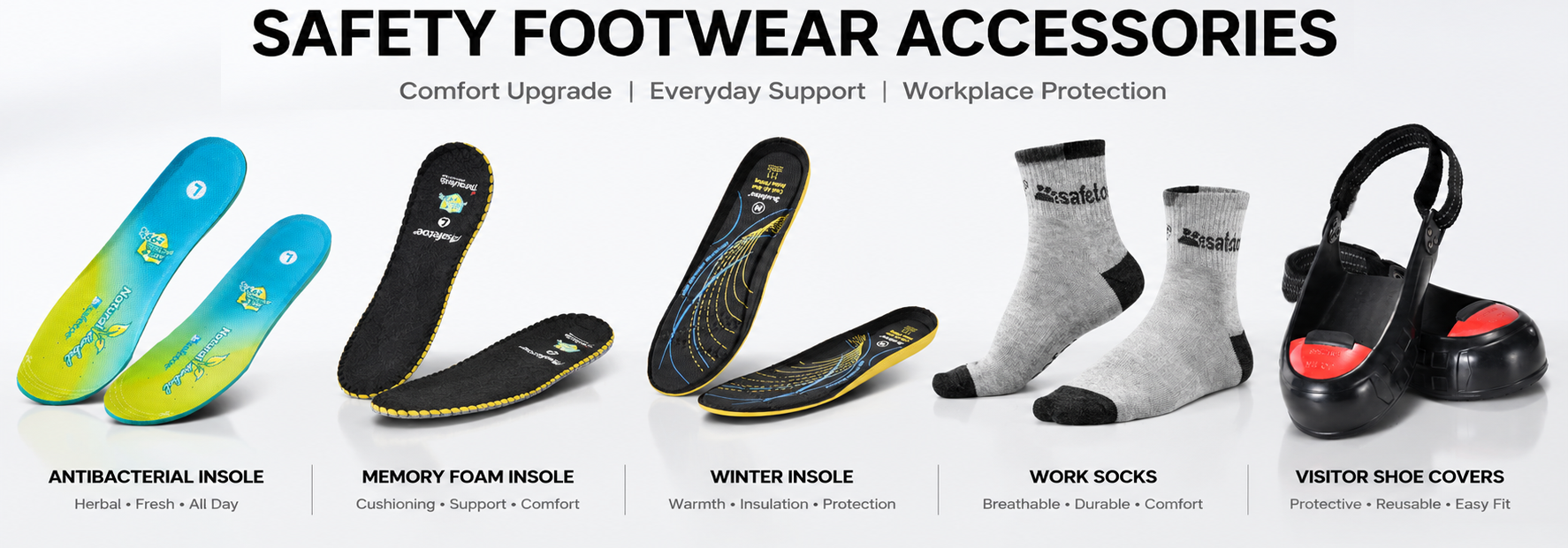 Safety footwear accessories including comfort insoles, work socks and visitor shoe covers for professional workplaces