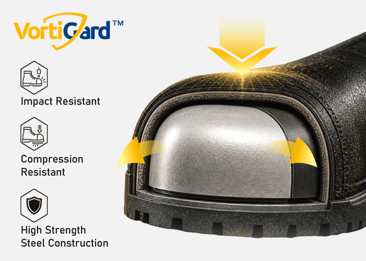 VortiGard steel safety toe cap with impact-resistant, compression-resistant and high-strength construction