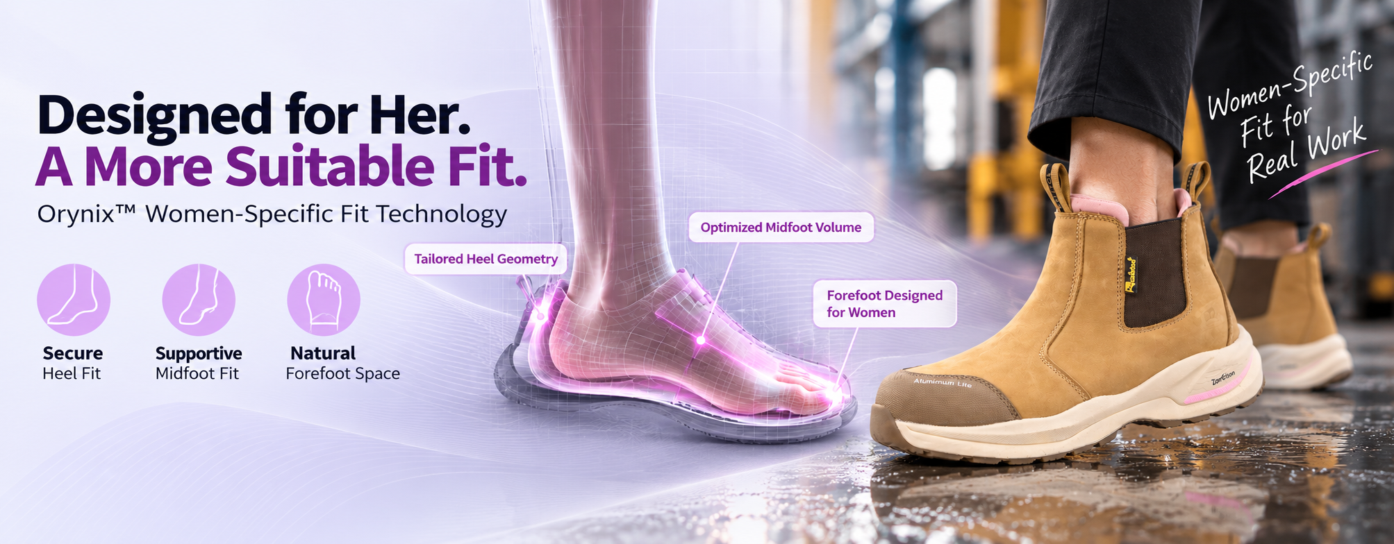 SAFETOE Orynix women-specific fit technology featuring a dedicated footwear fit design for women's safety shoes
