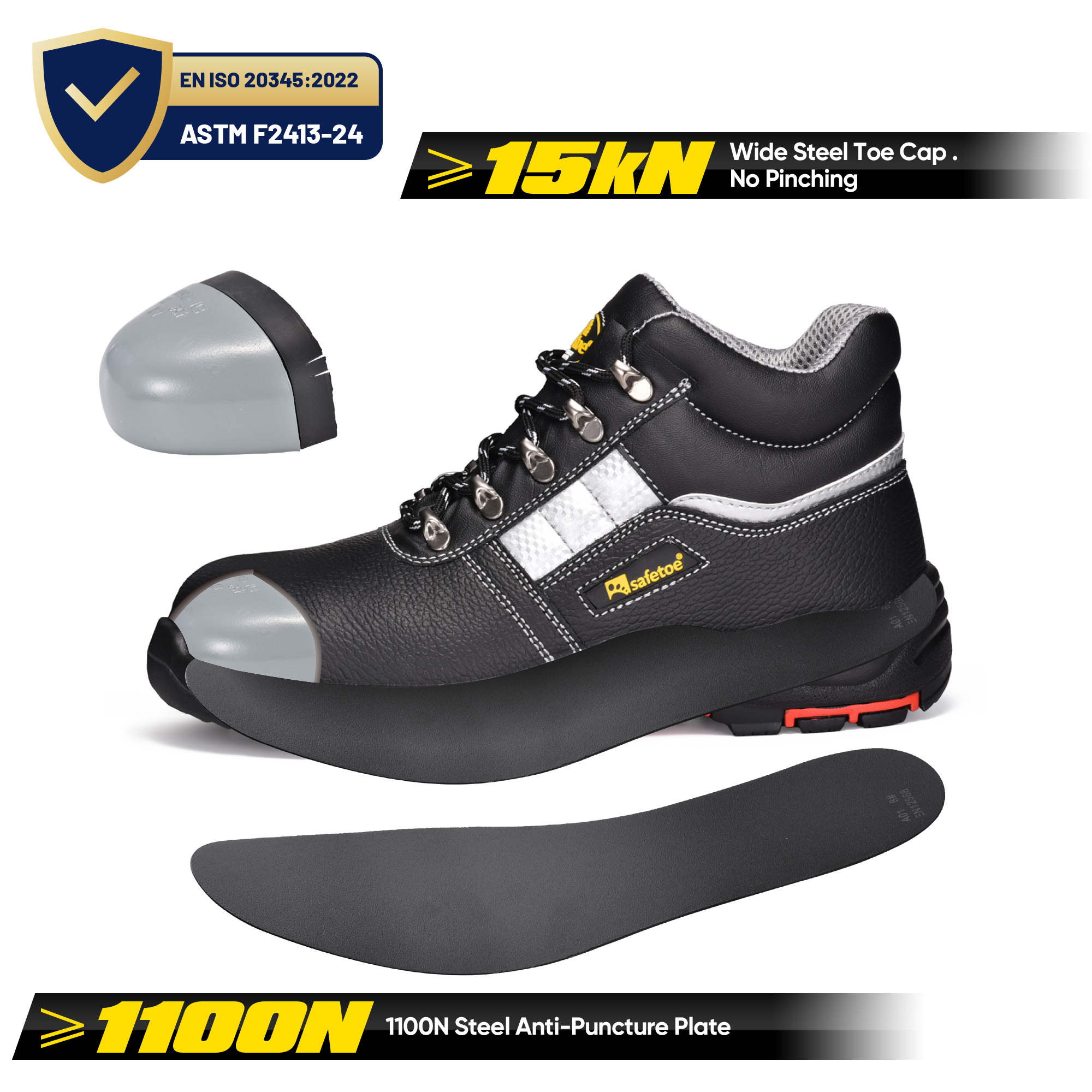 Premium Black Leather Industrial Safety Work Shoes M-8027PRST