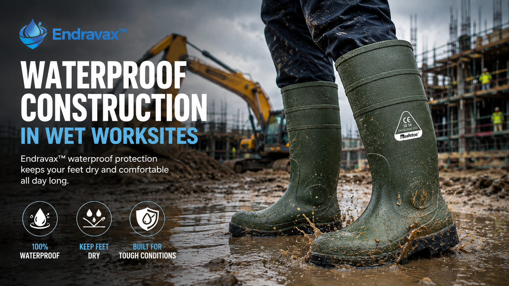 Waterproof construction Wellington boots for wet and muddy worksites with Endravax protection