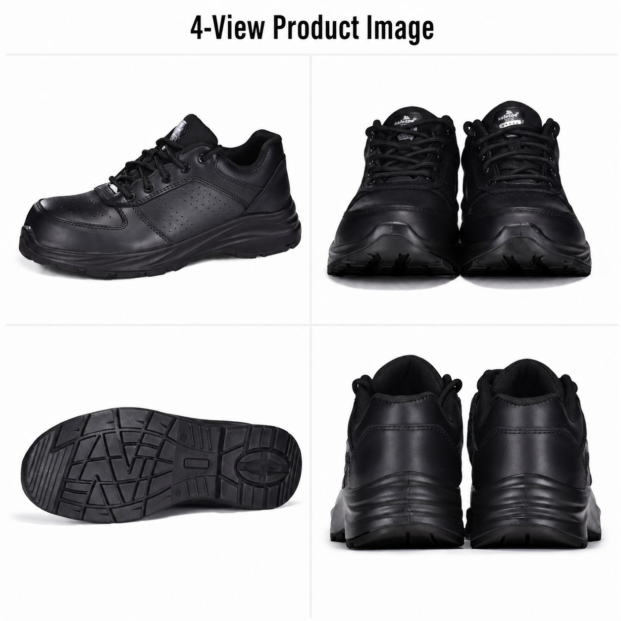 Four-view image of Safetoe L-7328 black leather engineer safety shoes showing side, front, rear and outsole
