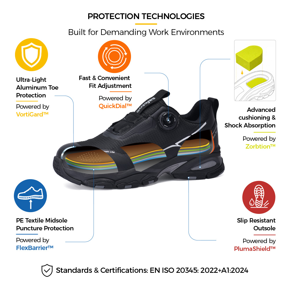L-7601 safety shoe structure with VortiGard™ aluminum toe, QuickDial™ closure and Zorption™ shock absorption