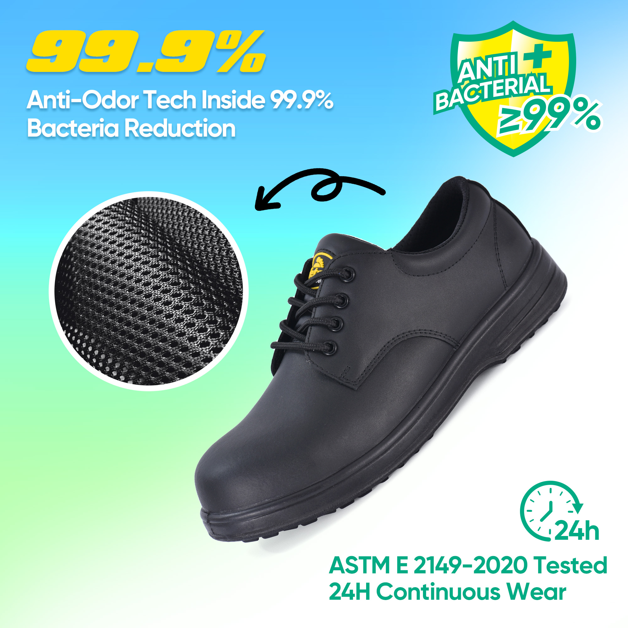 Engineer safety work shoes with antibacterial anti-odor lining tested to ASTM E2149-2020 for long work shifts