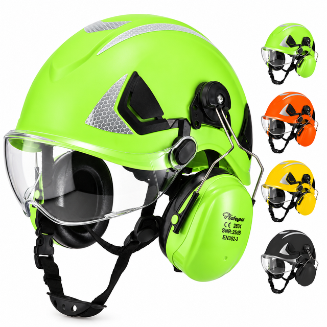 Fluorescent green M-5018 forestry safety helmet with face shield and earmuffs