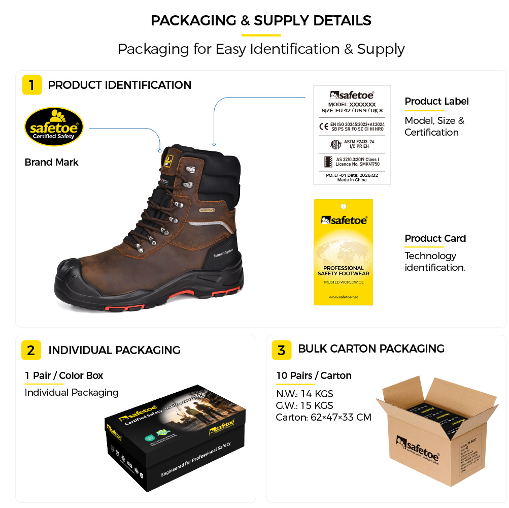 Safetoe H-9552BR insulated waterproof winter safety boots packaging and bulk supply details 
