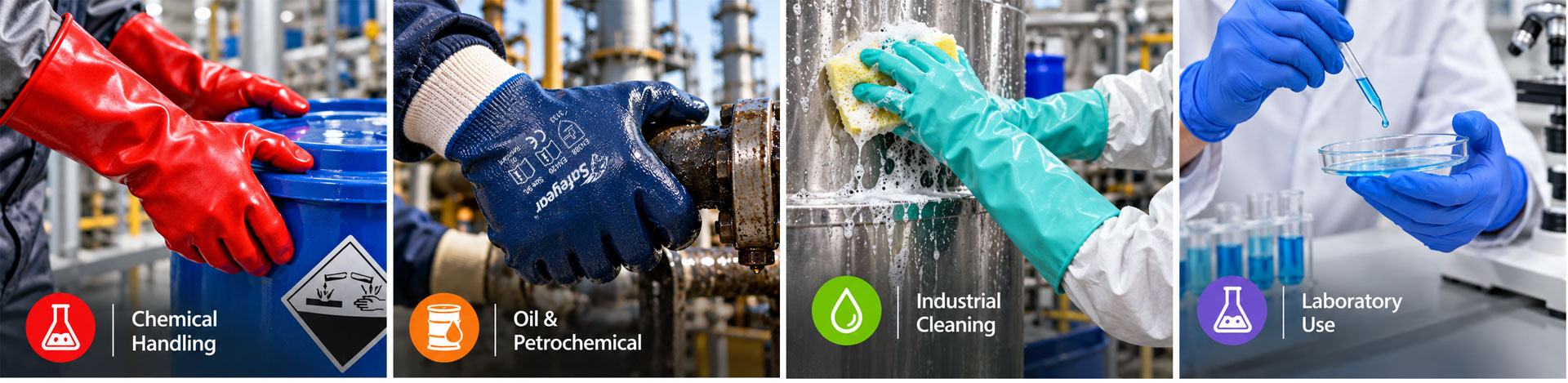 Chemical handling gloves used in industrial chemical handling, oil and petrochemical work, cleaning and laboratory applications