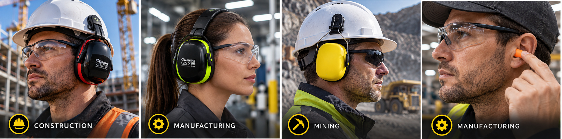 Safeyear industrial hearing protection with safety earmuffs, helmet-mounted earmuffs and earplugs
