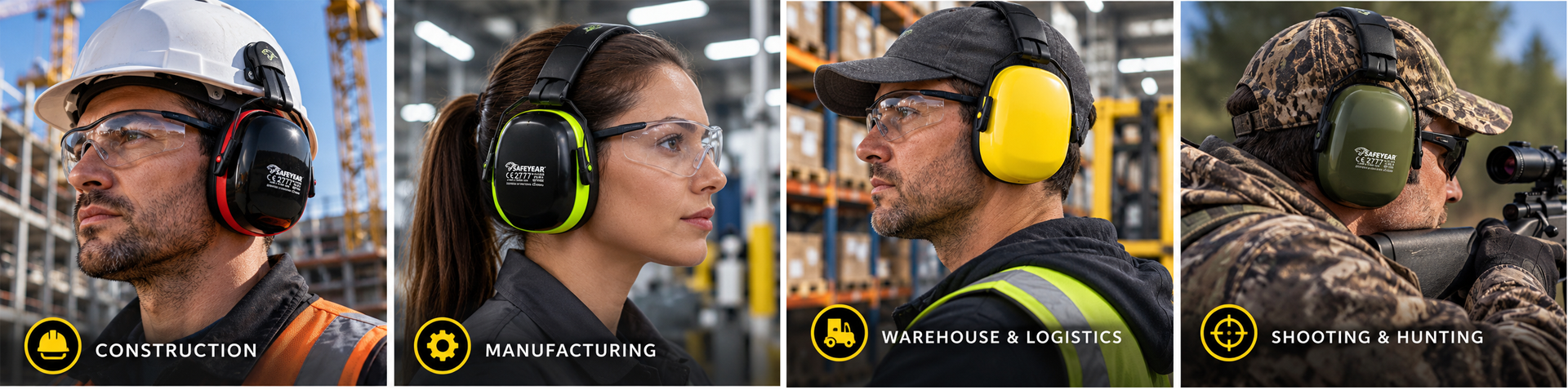 Safeyear safety earmuffs for construction, manufacturing, logistics and shooting hearing protection