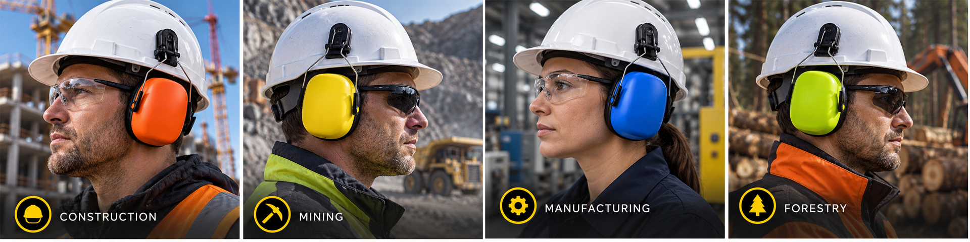 Safeyear helmet-mounted earmuffs for construction, mining, manufacturing and forestry hearing protection