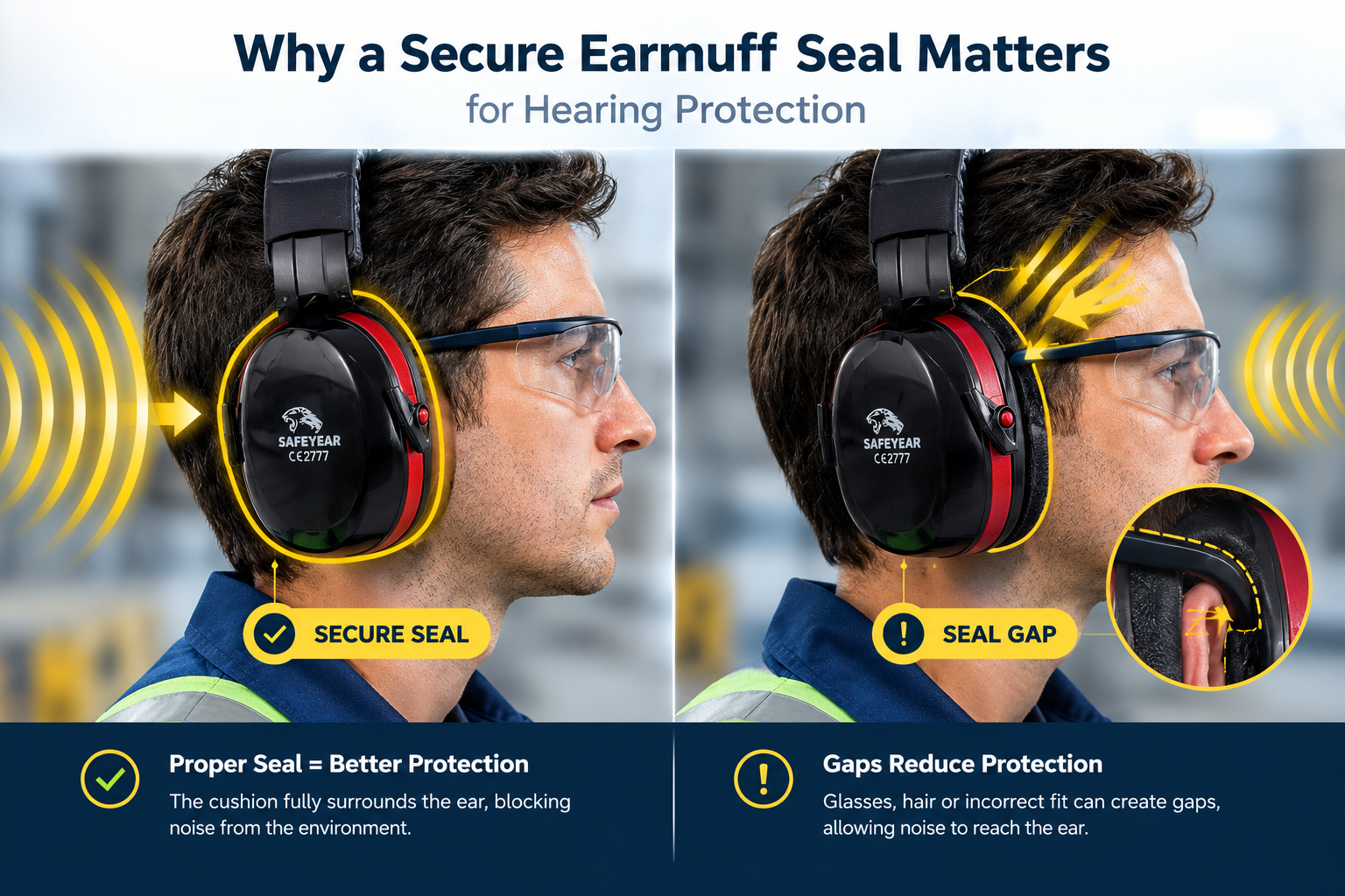 Good and poor earmuff seal showing how gaps can affect hearing protection fit