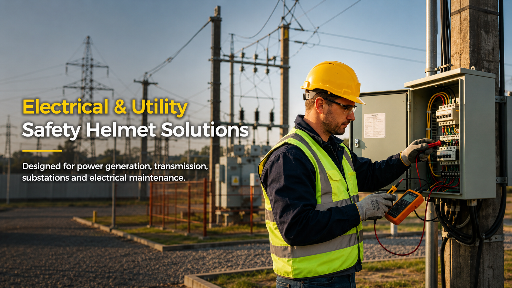 Electrical utility worker wearing a safety helmet while testing equipment at a power substation