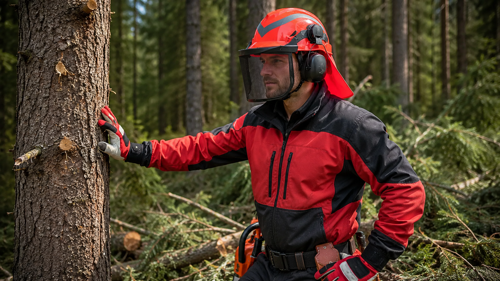 Forestry Worker Wearing Safety Helmet with Face Shield and Hearing Protection