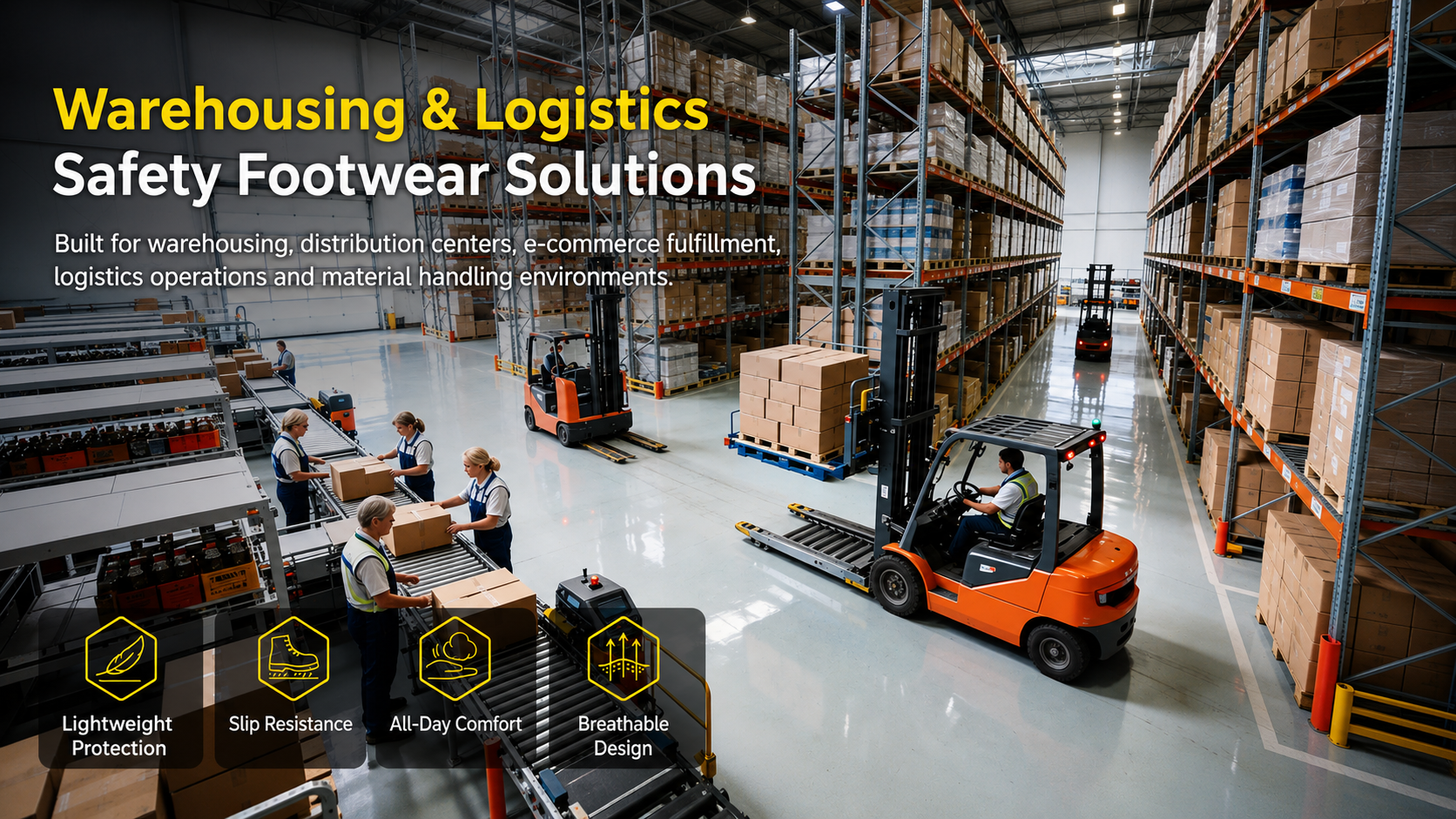 Warehousing and logistics safety footwear solutions with lightweight protection, slip resistance, comfort and breathability