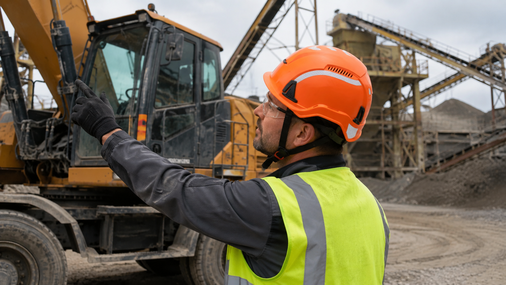 Industrial worker wearing an orange safety helmet while directing heavy machinery at a quarry worksite