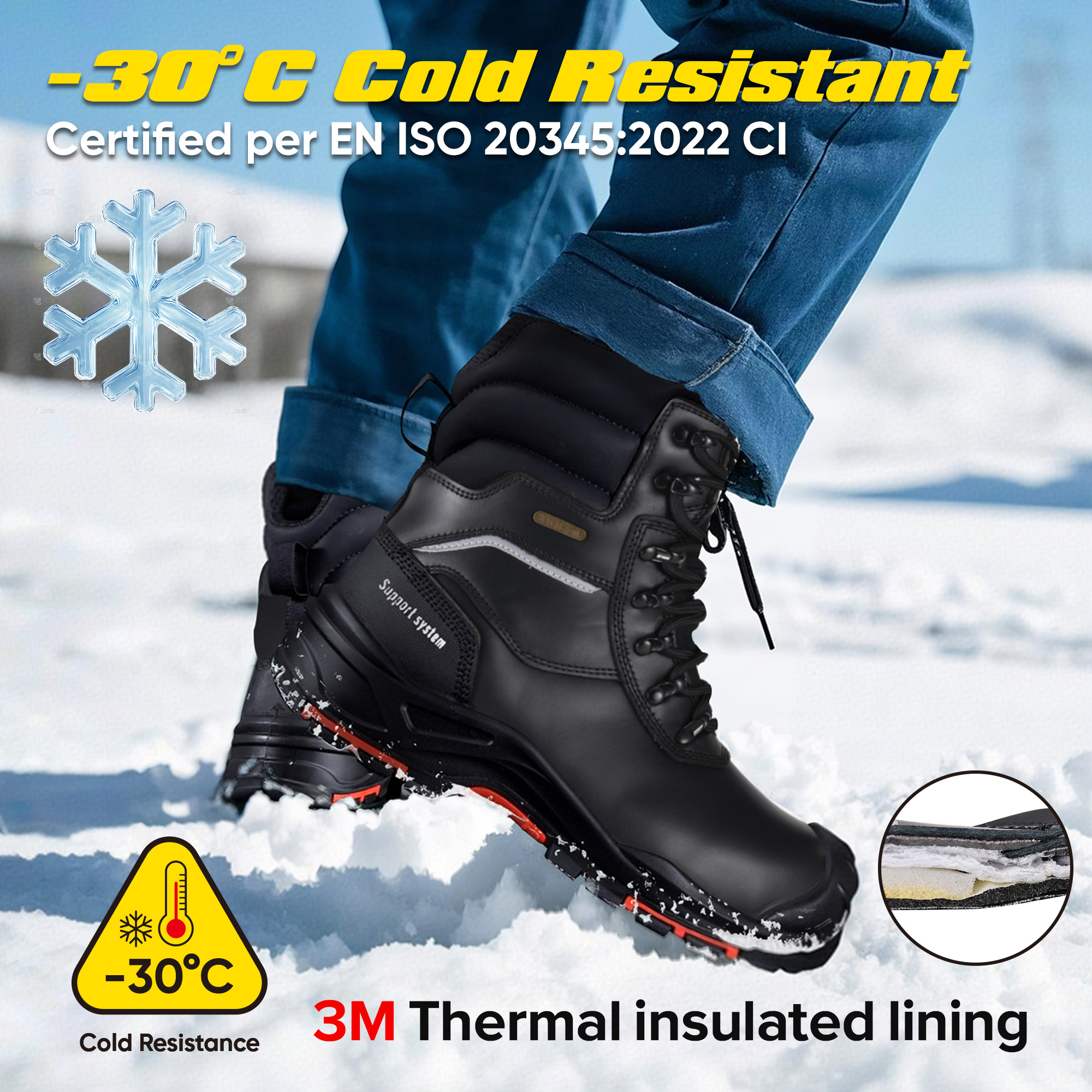 H-9552BK black insulated winter safety boots are designed for oil & gas and cold industrial environments