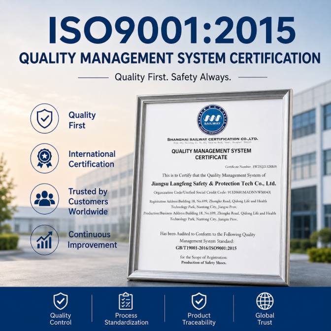 Langzhifeng Protective Technology Earns ISO9001:2015 Certification｜Setting a New Benchmark for Quality in China’s Safety Footwear Manufacturing