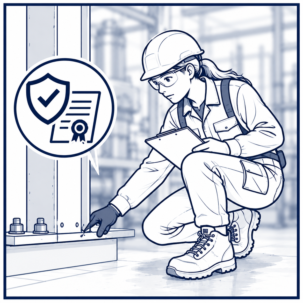 Female industrial worker inspecting workplace hazards and safety requirements for selecting certified women's safety footwear