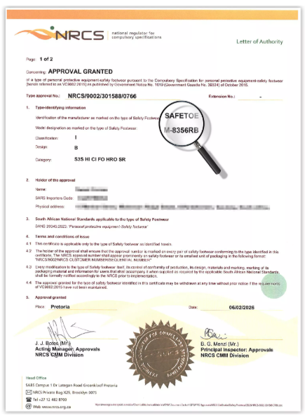 South Africa NRCS approval certificate for Safetoe M-8356BR safety footwear