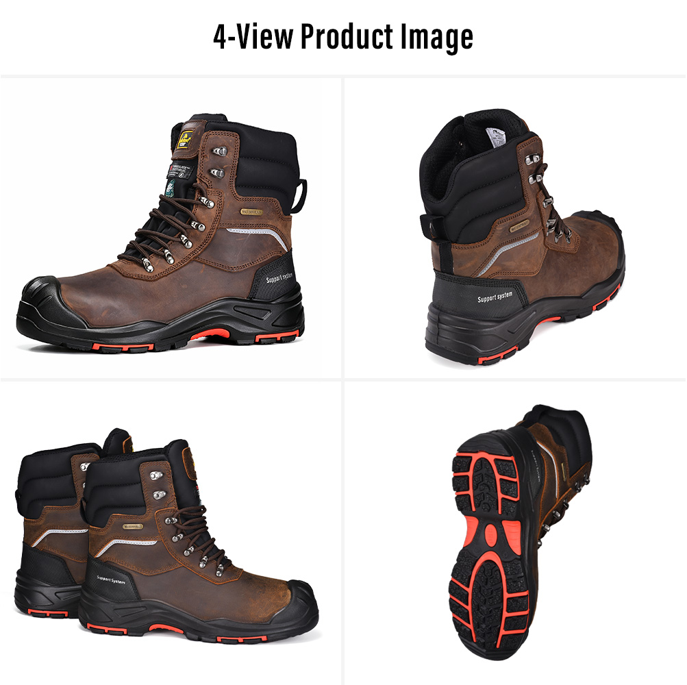 Insulated waterproof mining safety boots shown from four angles